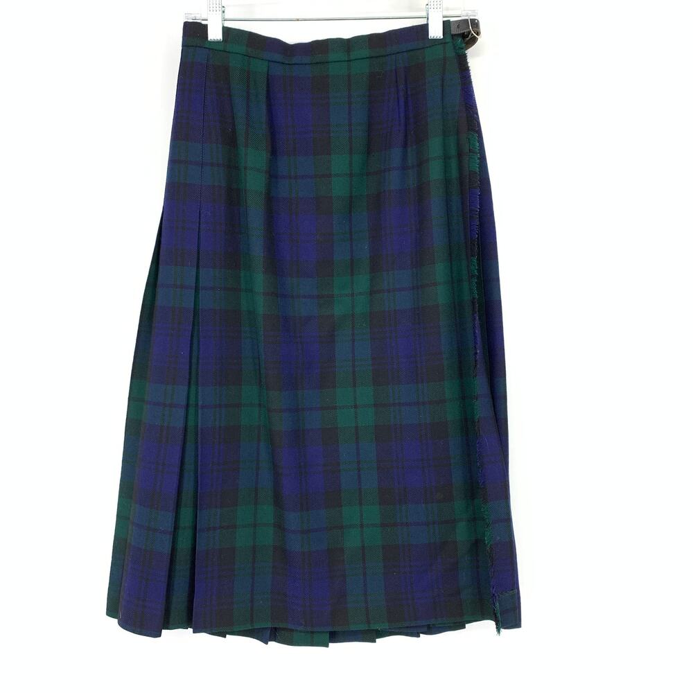 Vintage 90s Herman Geist A-Line Wool Plaid Skirt Womens Size 28" US 6 Blue Green